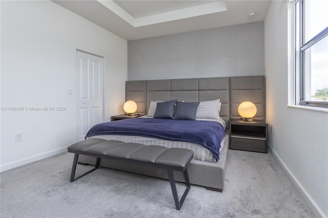 bedroom with a raised ceiling, light colored carpet, and a closet