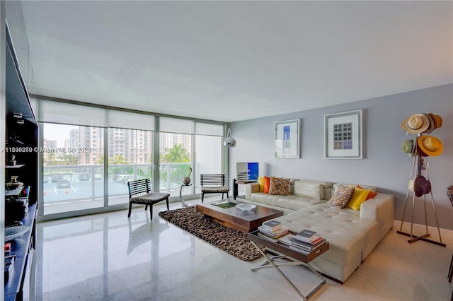 living room featuring a wall of windows