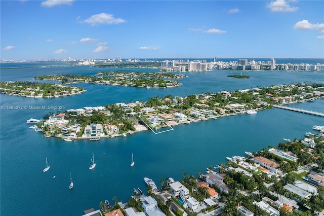 bird's eye view featuring a water view and a city view