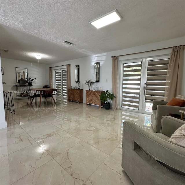 living room featuring a textured ceiling