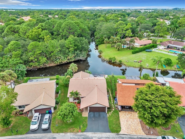 bird's eye view with a water view