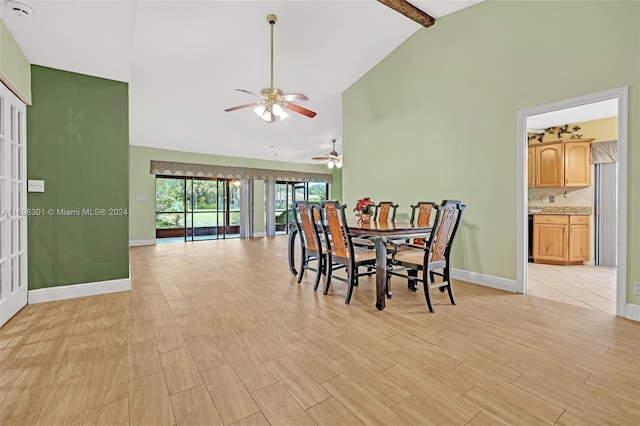 dining room with beamed ceiling, high vaulted ceiling, light hardwood / wood-style flooring, and ceiling fan