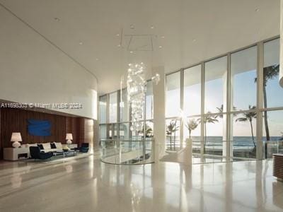 building lobby with a water view