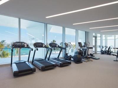 16901 Collins Ave Unit 1402, Sunny Isles Beach, FL 33160 - gym with floor to ceiling windows and carpet flooring
