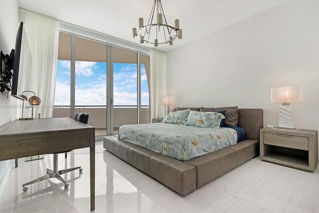 tiled bedroom featuring a wall of windows, a water view, and a notable chandelier