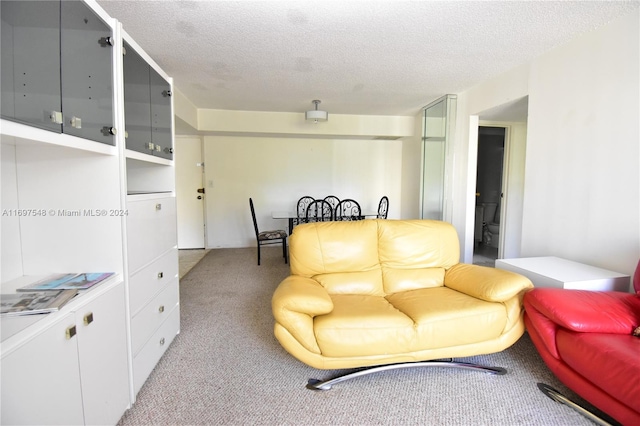 carpeted living room featuring a textured ceiling