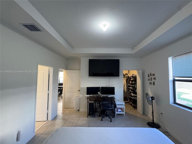 tiled office with a tray ceiling