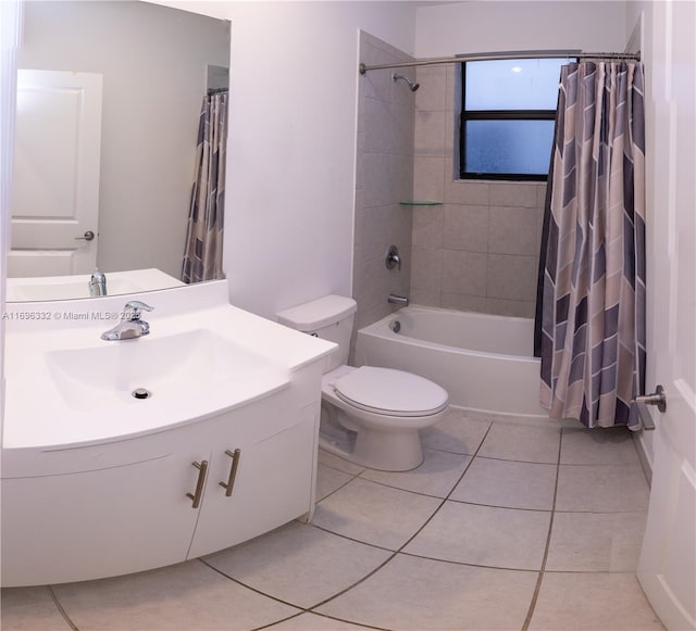 full bathroom with shower / bath combination with curtain, toilet, tile patterned flooring, and vanity