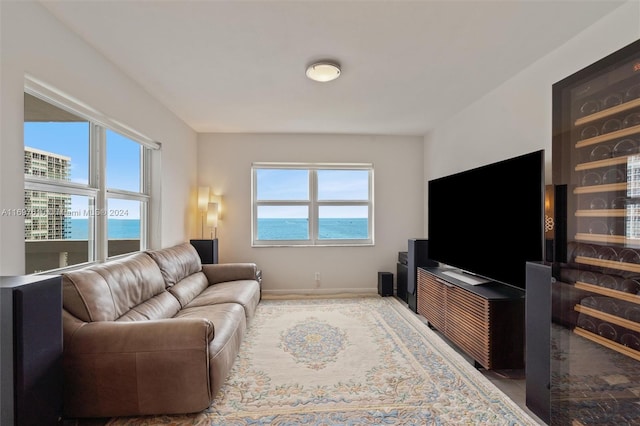 living room with plenty of natural light and a water view