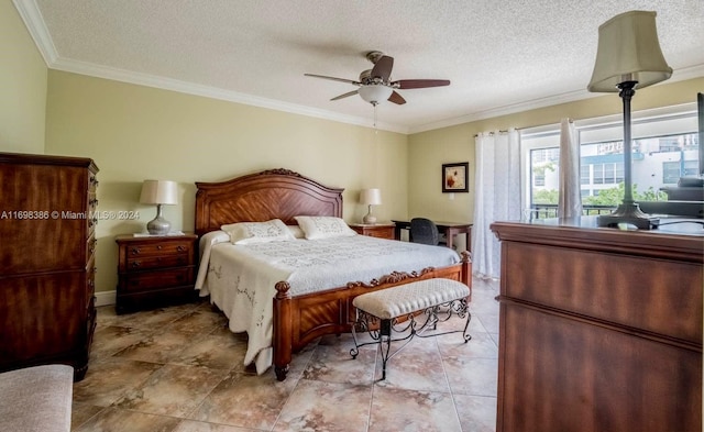 bedroom with a textured ceiling, ceiling fan, and crown molding