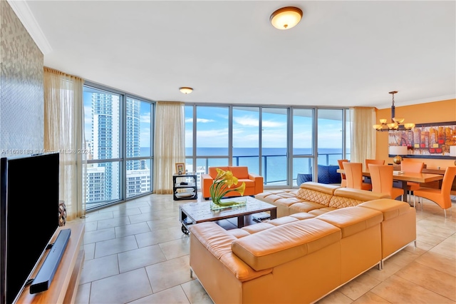 tiled living room with a water view, expansive windows, crown molding, and a notable chandelier