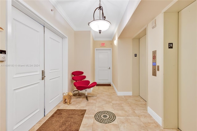 hallway with light tile patterned floors, elevator, and crown molding