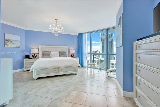 bedroom with expansive windows, light tile patterned floors, crown molding, and a chandelier