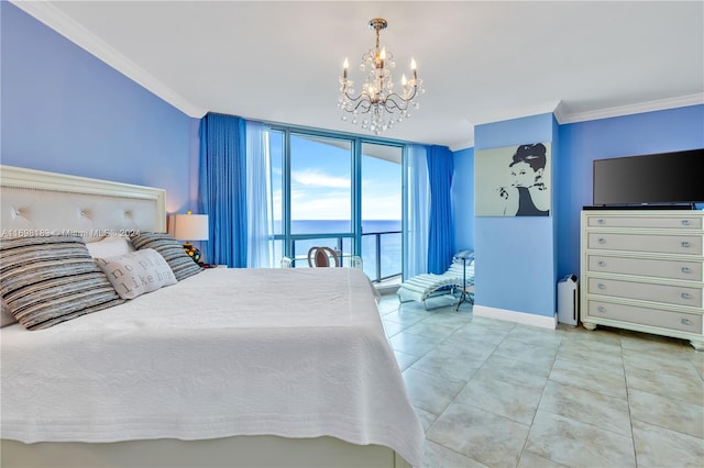 bedroom featuring access to outside, crown molding, light tile patterned floors, and a notable chandelier