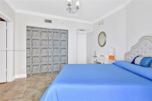 bedroom featuring a notable chandelier and ornamental molding