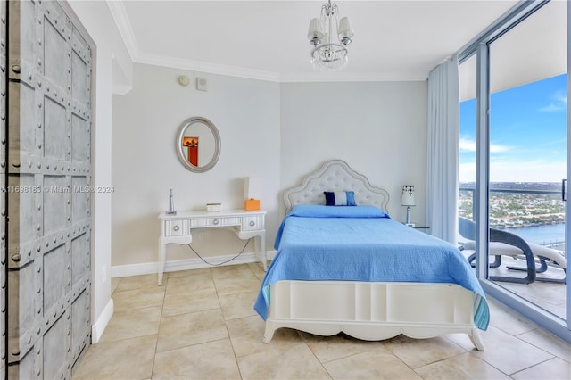 tiled bedroom featuring an inviting chandelier and ornamental molding