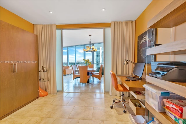 tiled office space featuring floor to ceiling windows and a notable chandelier