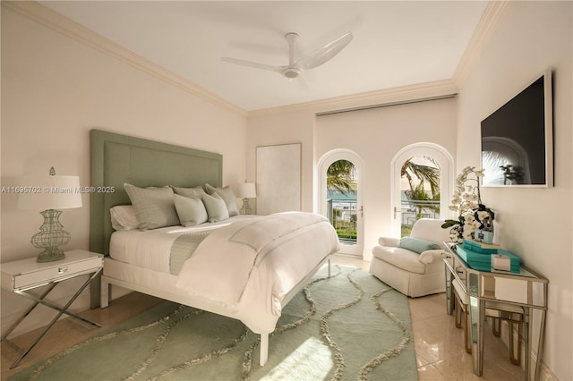 bedroom with a ceiling fan, crown molding, and tile patterned floors