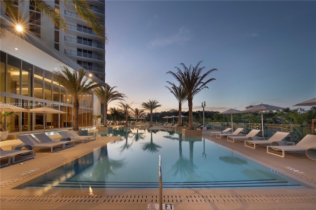 pool at dusk featuring a patio