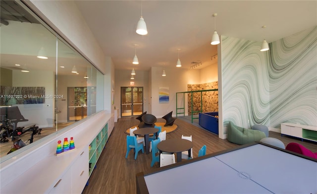 playroom with dark hardwood / wood-style flooring and french doors