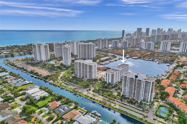 drone / aerial view with a city view and a water view