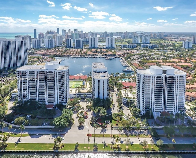 bird's eye view with a city view and a water view