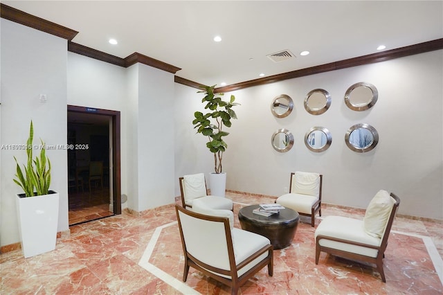 sitting room featuring recessed lighting, visible vents, marble finish floor, and ornamental molding