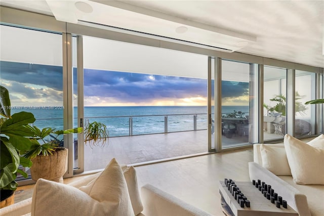 entryway with a beach view, light wood-type flooring, a water view, and expansive windows