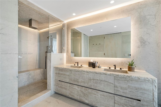 bathroom featuring vanity, ornamental molding, and walk in shower