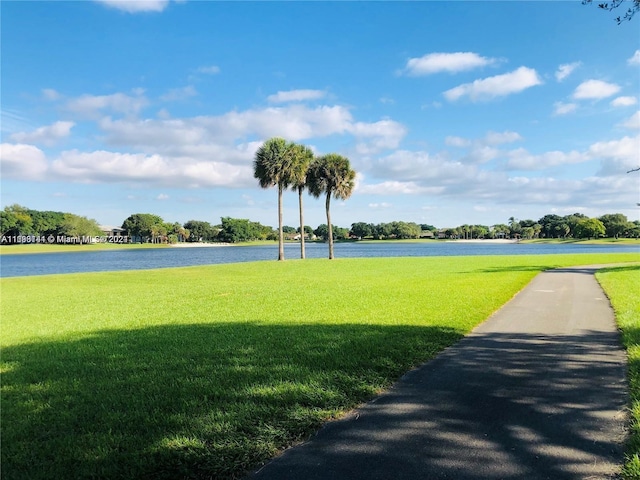 view of property's community featuring a water view and a yard