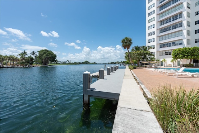 dock area featuring a water view and a community pool