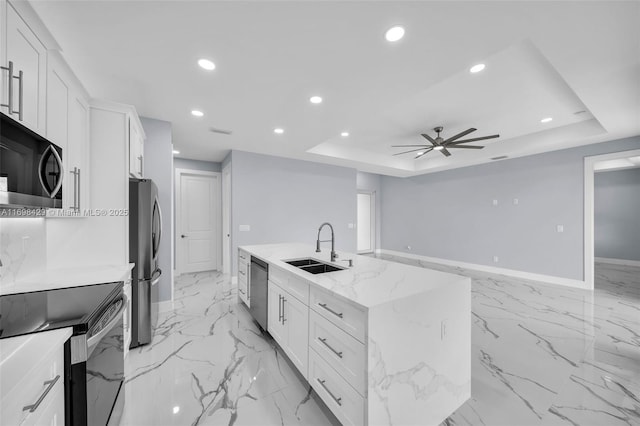 kitchen featuring white cabinets, sink, and a tray ceiling