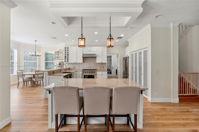 kitchen with white cabinetry, pendant lighting, light hardwood / wood-style floors, a breakfast bar area, and appliances with stainless steel finishes