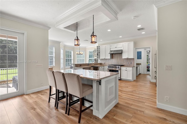 kitchen featuring high end stove, white cabinetry, and a wealth of natural light