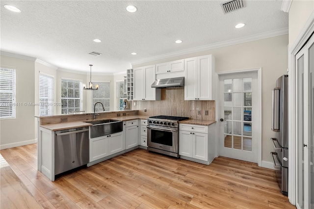 kitchen with high quality appliances, sink, pendant lighting, and light hardwood / wood-style floors