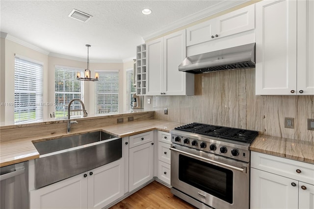 kitchen with sink, stainless steel appliances, white cabinetry, and exhaust hood