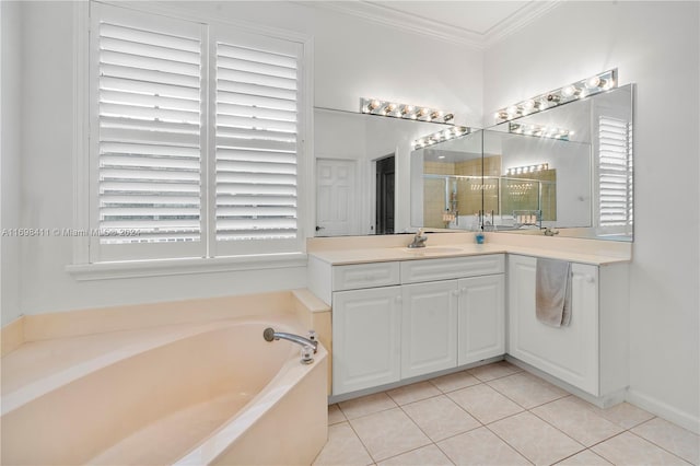 bathroom with tile patterned flooring, vanity, separate shower and tub, and crown molding