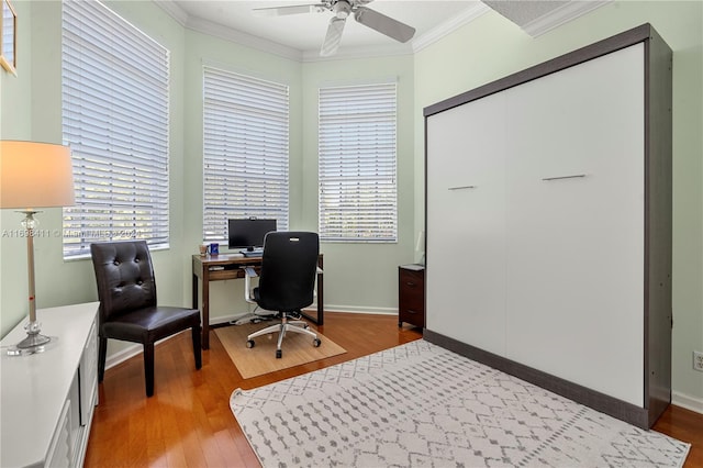 office featuring hardwood / wood-style floors, ceiling fan, and crown molding