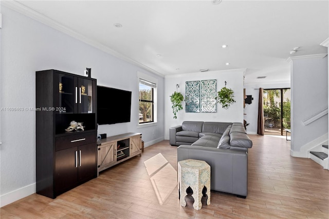 living room with crown molding, a healthy amount of sunlight, and light wood-type flooring