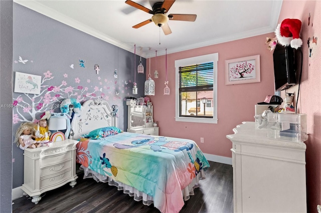 bedroom with dark hardwood / wood-style floors, ceiling fan, and ornamental molding