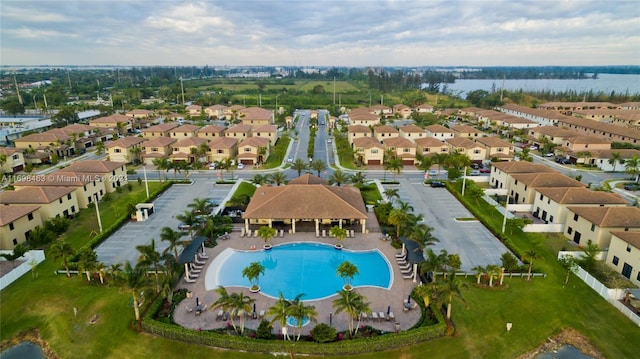 drone / aerial view with a water view