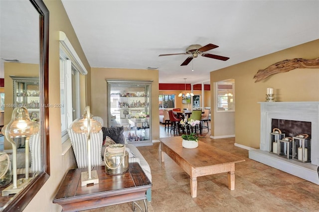 living room featuring ceiling fan