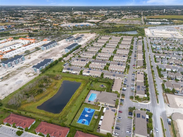 drone / aerial view featuring a water view