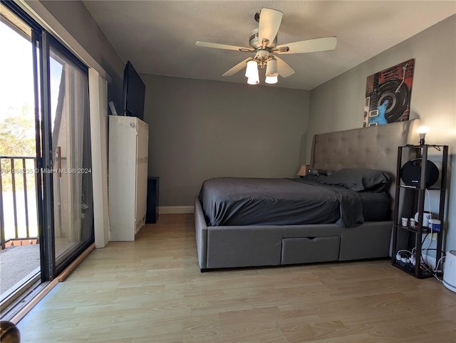 bedroom featuring ceiling fan, access to outside, and light hardwood / wood-style flooring