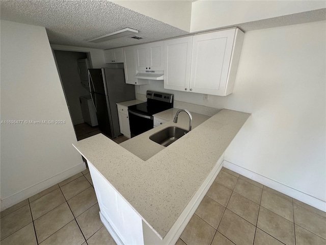 kitchen featuring kitchen peninsula, a textured ceiling, stainless steel appliances, sink, and white cabinetry