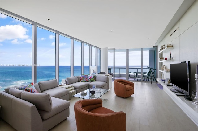 living room with floor to ceiling windows and light hardwood / wood-style flooring