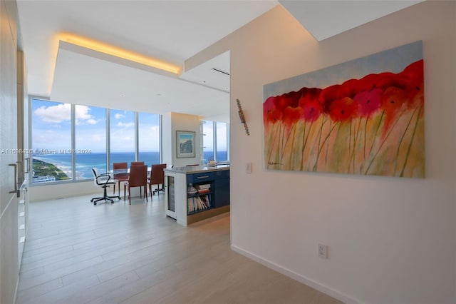 hallway with expansive windows, a healthy amount of sunlight, a water view, and light hardwood / wood-style flooring