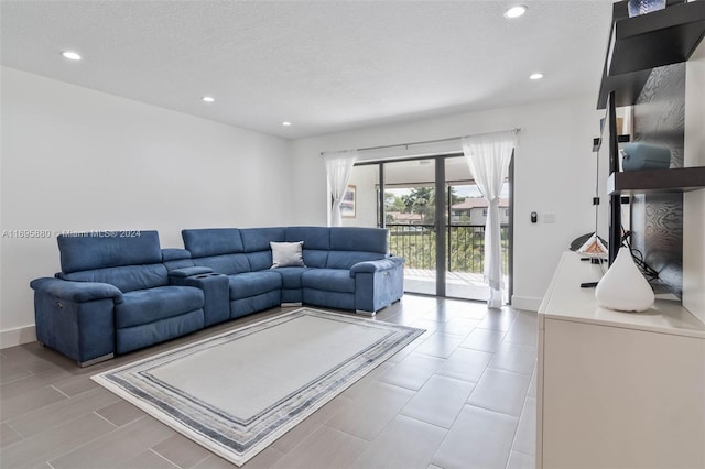 living room featuring a textured ceiling