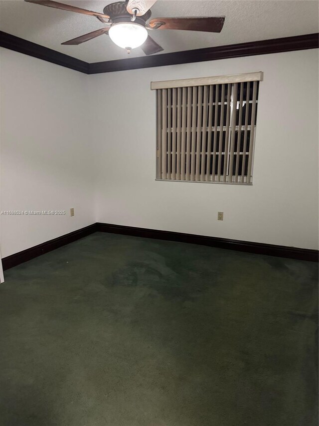 unfurnished room featuring ceiling fan, ornamental molding, and a textured ceiling