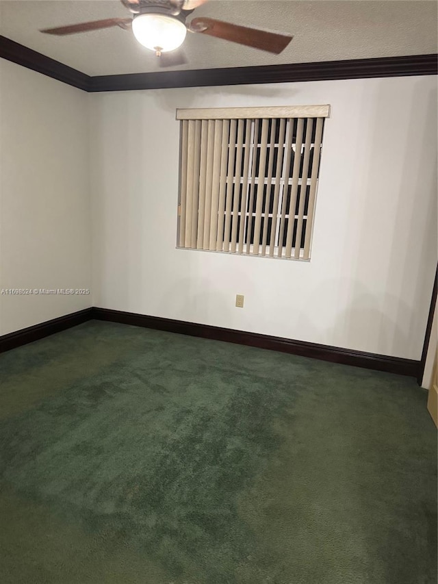 unfurnished room with ceiling fan, carpet flooring, and ornamental molding